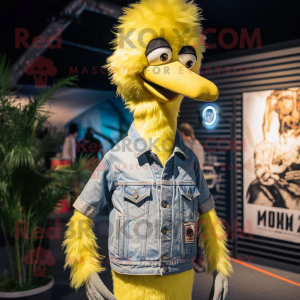 Lemon Yellow Emu mascot costume character dressed with a Denim Shorts and Lapel pins