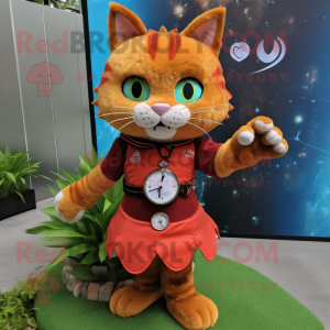 Rust Cat mascot costume character dressed with a Mini Dress and Bracelet watches