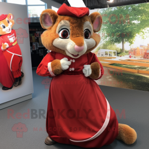 Red Dormouse mascot costume character dressed with a Wrap Skirt and Watches