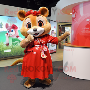 Red Dormouse mascot costume character dressed with a Wrap Skirt and Watches