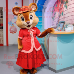 Red Dormouse mascot costume character dressed with a Wrap Skirt and Watches