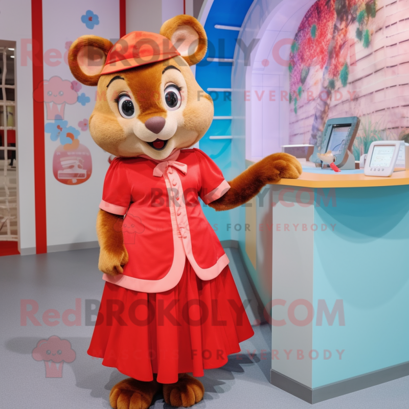 Red Dormouse mascot costume character dressed with a Wrap Skirt and Watches