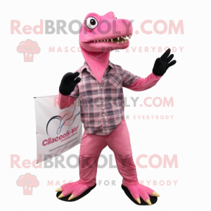 Pink Coelophysis mascot costume character dressed with a Flannel Shirt and Pocket squares