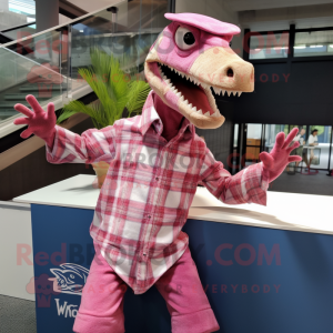 Pink Coelophysis mascot costume character dressed with a Flannel Shirt and Pocket squares