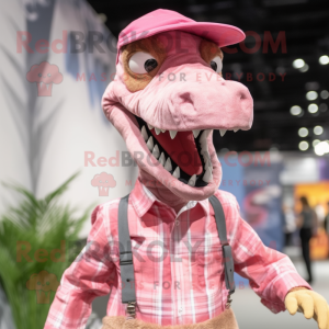 Pink Coelophysis mascot costume character dressed with a Flannel Shirt and Pocket squares