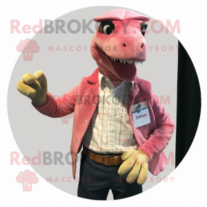 Pink Coelophysis mascot costume character dressed with a Flannel Shirt and Pocket squares