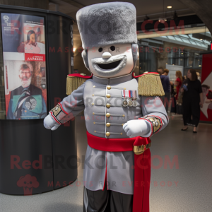 Silver British Royal Guard mascot costume character dressed with a Button-Up Shirt and Handbags