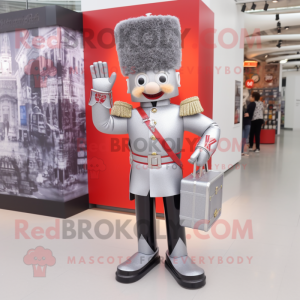 Silver British Royal Guard mascot costume character dressed with a Button-Up Shirt and Handbags