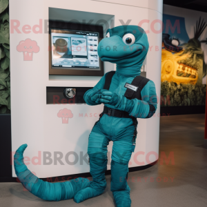 Teal Titanoboa mascot costume character dressed with a Jumpsuit and Wallets