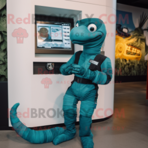 Teal Titanoboa mascot costume character dressed with a Jumpsuit and Wallets