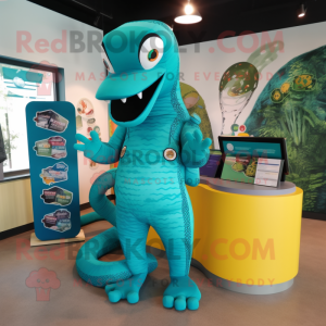Teal Titanoboa mascot costume character dressed with a Jumpsuit and Wallets
