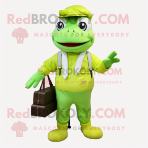 Lime Green Frog mascot costume character dressed with a Overalls and Handbags