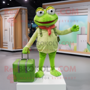 Lime Green Frog mascot costume character dressed with a Overalls and Handbags