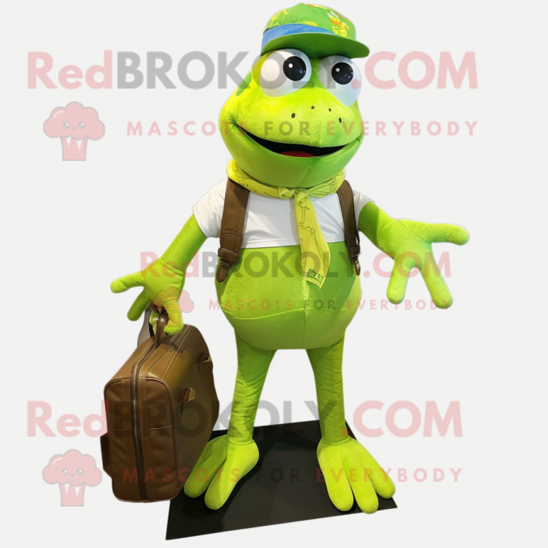 Lime Green Frog mascot costume character dressed with a Overalls and Handbags Lime Green Frog mascot costume character dressed with a Overalls and Handbags
