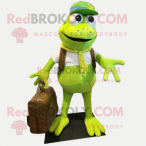 Lime Green Frog mascot costume character dressed with a Overalls and Handbags