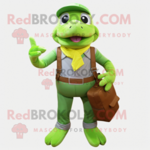 Lime Green Frog mascot costume character dressed with a Overalls and Handbags