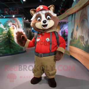 Red Raccoon mascot costume character dressed with a Cargo Pants and Backpacks