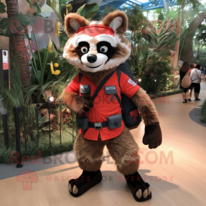 Red Raccoon mascot costume character dressed with a Cargo Pants and Backpacks