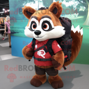 Red Raccoon mascot costume character dressed with a Cargo Pants and Backpacks