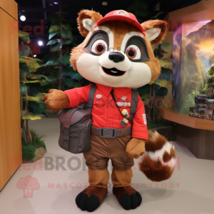 Red Raccoon mascot costume character dressed with a Cargo Pants and Backpacks