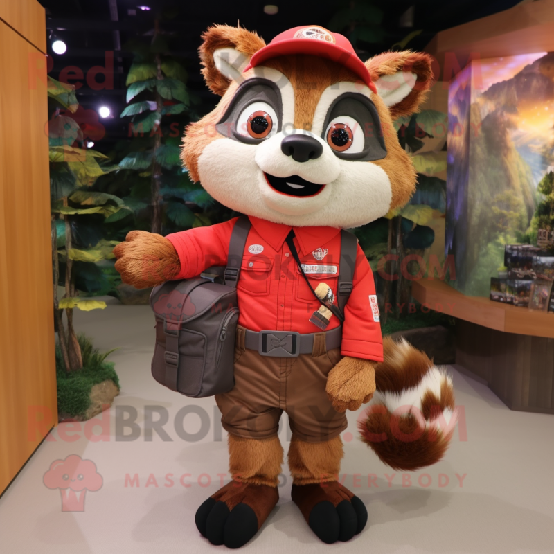 Red Raccoon mascot costume character dressed with a Cargo Pants and Backpacks Red Raccoon mascot costume character dressed with a Cargo Pants and Backpacks