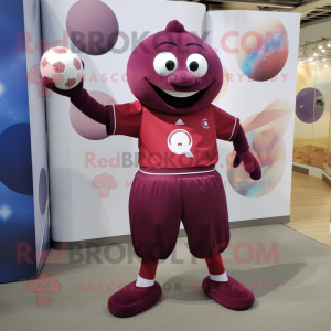 Maroon Juggle mascot costume character dressed with a Rash Guard and Anklets