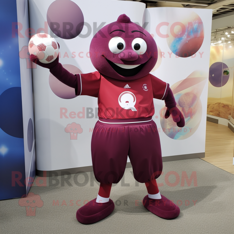 Maroon Juggle mascot costume character dressed with a Rash Guard and Anklets Maroon Juggle mascot costume character dressed with a Rash Guard and Anklets