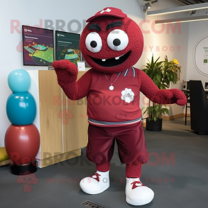 Maroon Juggle mascot costume character dressed with a Rash Guard and Anklets