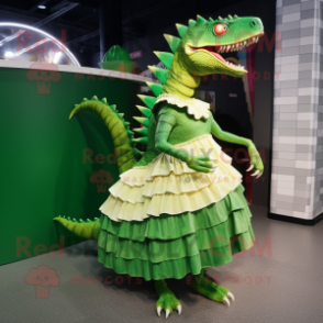 Green Spinosaurus mascot costume character dressed with a Pleated Skirt and Hairpins