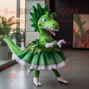 Green Spinosaurus mascot costume character dressed with a Pleated Skirt and Hairpins