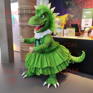 Green Spinosaurus mascot costume character dressed with a Pleated Skirt and Hairpins