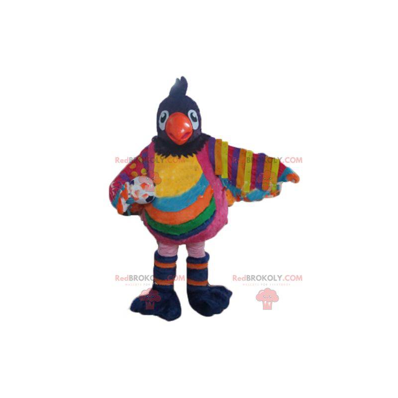 Mascotte de grand oiseau multicolore avec un ballon -