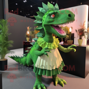 Green Spinosaurus mascot costume character dressed with a Pleated Skirt and Hairpins