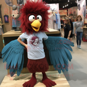 Maroon Harpy mascot costume character dressed with a Chambray Shirt and Hair clips
