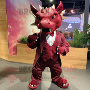 Maroon Triceratops mascot costume character dressed with a Jumpsuit and Bow ties