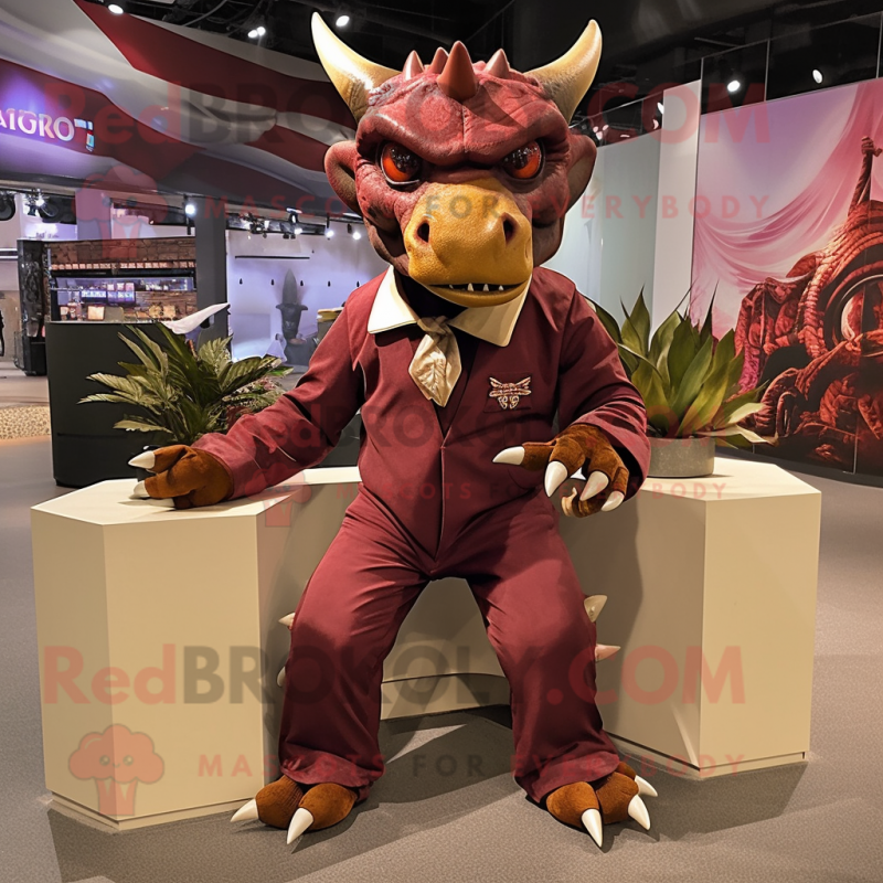 Maroon Triceratops mascot costume character dressed with a Jumpsuit and Bow ties