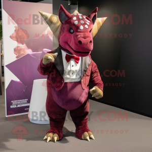 Maroon Triceratops mascot costume character dressed with a Jumpsuit and Bow ties
