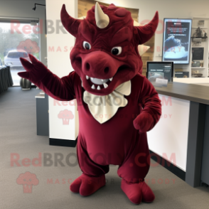 Maroon Triceratops mascot costume character dressed with a Jumpsuit and Bow ties