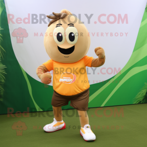 Tan Mango mascot costume character dressed with a Running Shorts and Hair clips