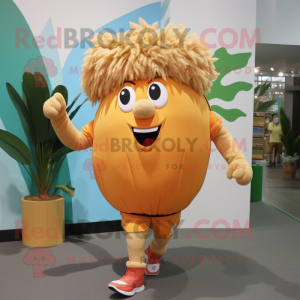 Tan Mango mascot costume character dressed with a Running Shorts and Hair clips