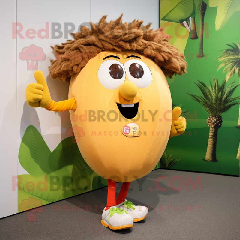 Tan Mango mascot costume character dressed with a Running Shorts and Hair clips