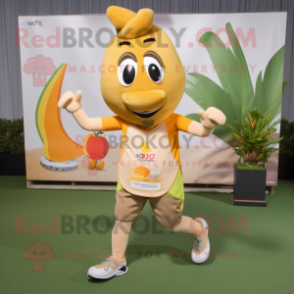 Tan Mango mascot costume character dressed with a Running Shorts and Hair clips