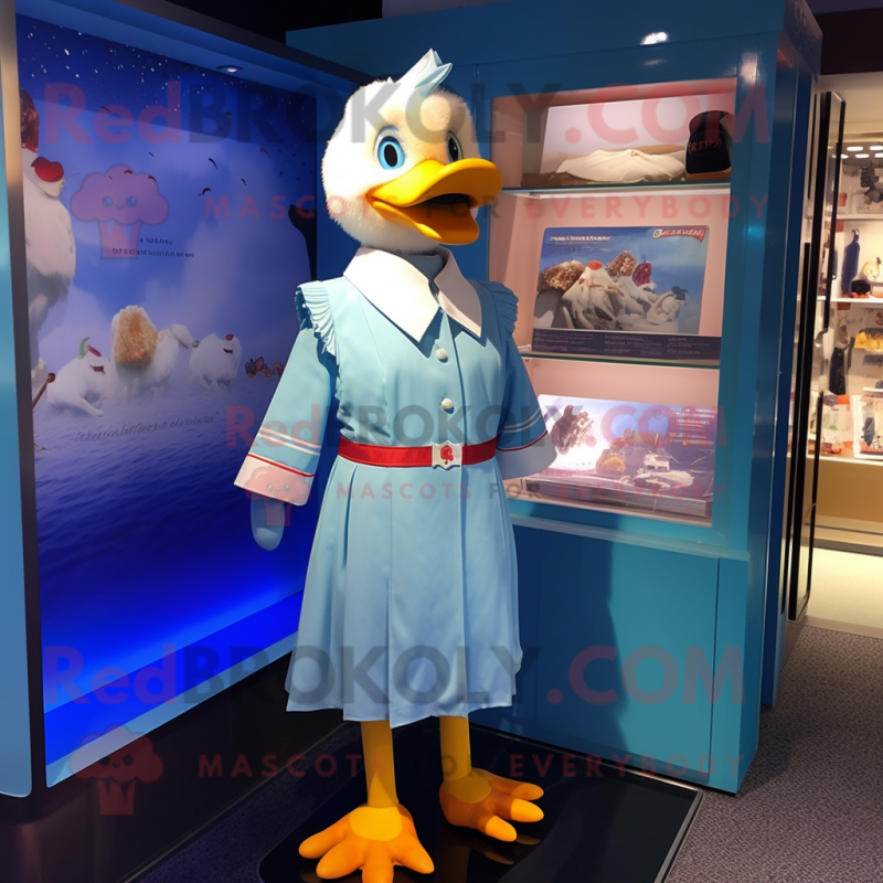 Sky Blue Muscovy Duck mascot costume character dressed with a Shift Dress and Cufflinks