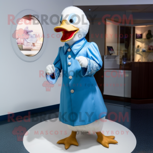 Sky Blue Muscovy Duck mascot costume character dressed with a Shift Dress and Cufflinks