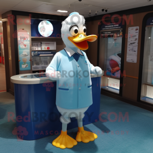 Sky Blue Muscovy Duck mascot costume character dressed with a Shift Dress and Cufflinks