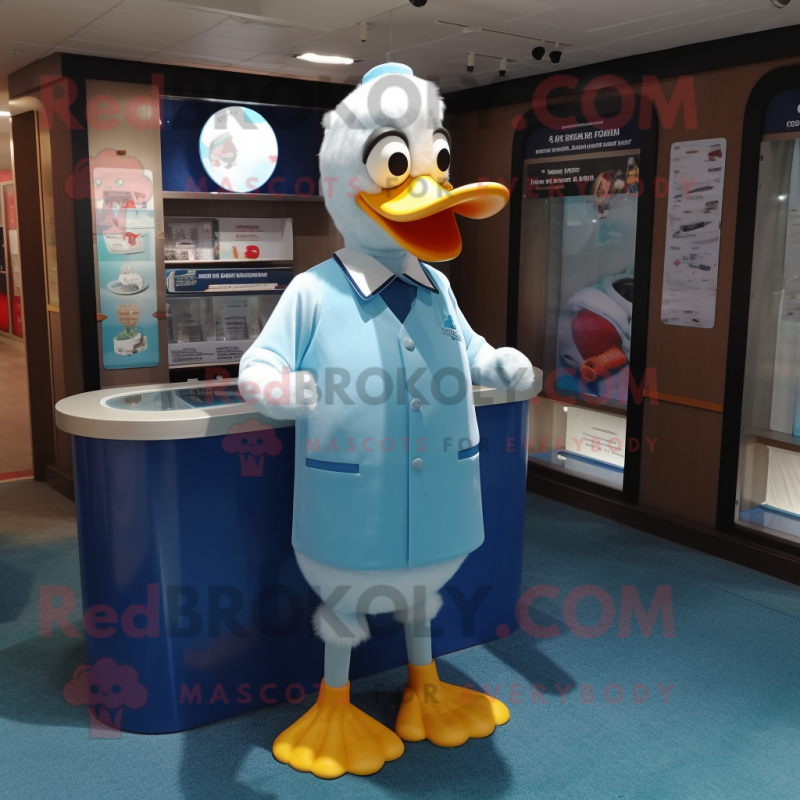 Sky Blue Muscovy Duck mascot costume character dressed with a Shift Dress and Cufflinks