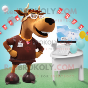 Brown Jersey Cow mascot costume character dressed with a Bikini and Cufflinks