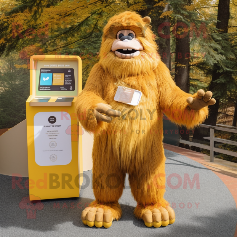 Gold Sasquatch mascot costume character dressed with a Midi Dress and Wallets Gold Sasquatch mascot costume character dressed with a Midi Dress and Wallets