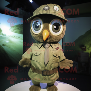Olive Owl mascot costume character dressed with a Button-Up Shirt and Berets