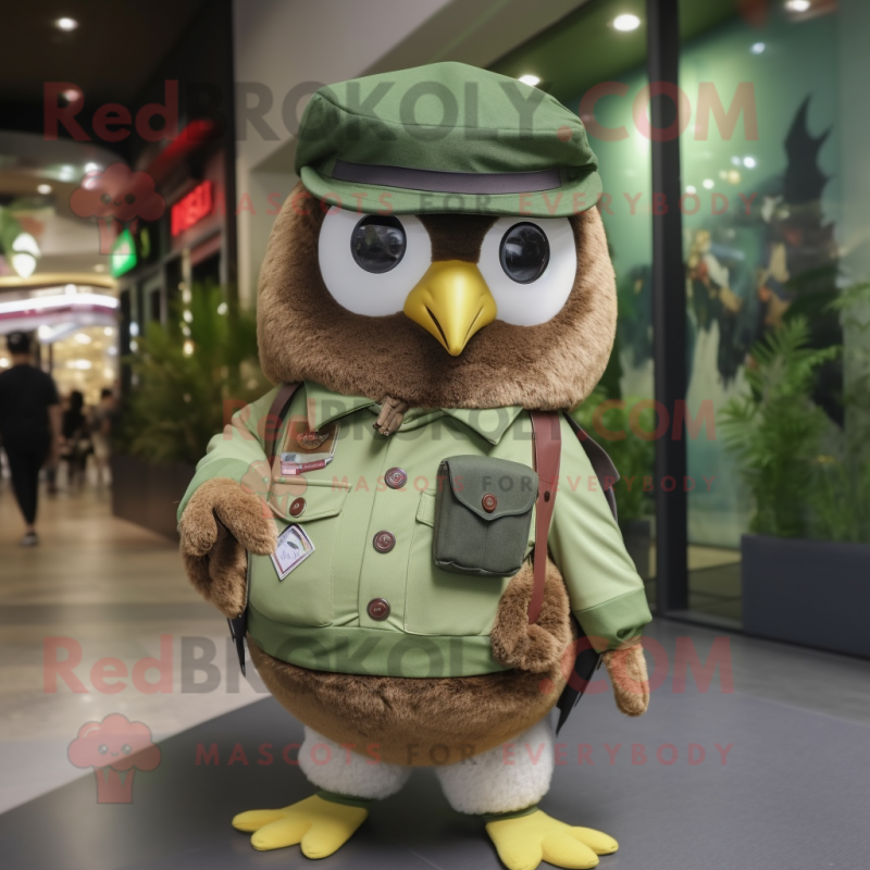 Olive Owl mascot costume character dressed with a Button-Up Shirt and Berets